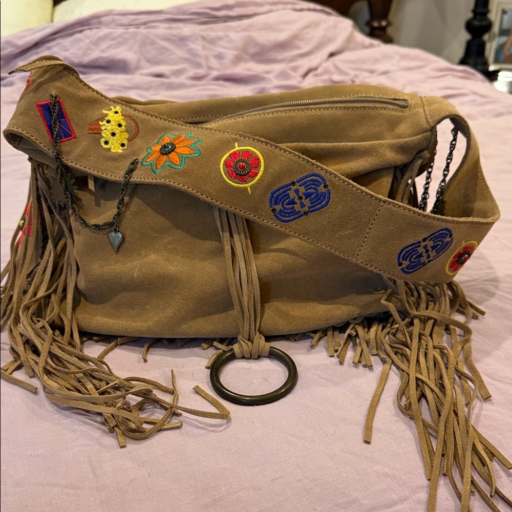 Embroidered Fringe Tan Bag